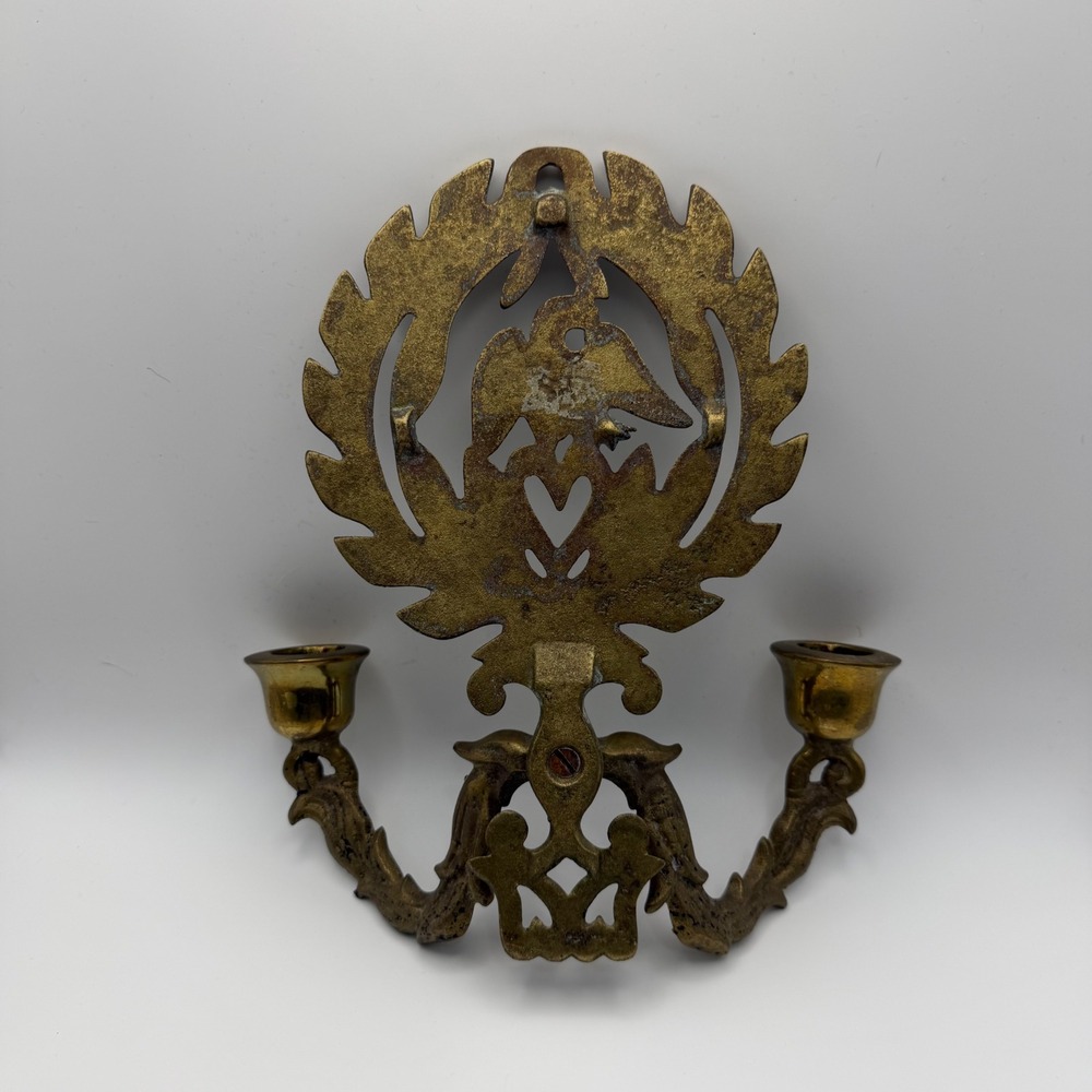 Vintage Brass Eagle Wall Sconce Federal Style Double Taper Candle Holder Heart - Picture 4 of 7